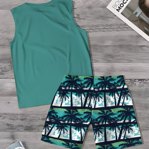 Conjunto de 2 Piezas de Camiseta sin Mangas y Pantalones Cortos de Secado Rápido 100% Algodón, Estilo Vacacional Tropical con Palmeras, para Hombre, Ropa Urbana Diaria de Verano - Product Image 2