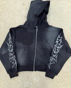 Sudadera con capucha negra para hombre con cremallera, estampado de puntos blancos y diseño artístico en las mangas, estilo streetwear, oversize, con bolsillo ecológico - Product Image 2