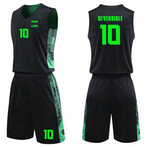 Uniforme de Baloncesto Reversible Personalizado, Diseño Geométrico Negro y Verde, Sublimado, Transpirable, Conjunto de Camiseta y Pantalones Cortos Unisex para Adultos - Product Image 1