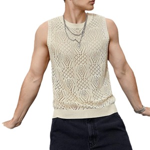 <b>Men's</b> Knitted Sleeveless Tank Top O-Neck Hollow Out Geometric Pattern Casual Breathable <b>Vest</b> Summer Wear - Product Image 5