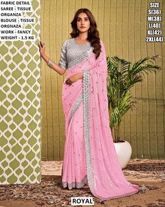 Sari en organza rose royal avec broderie argentée, chemisier assorti, tenue de mariage et de fête, sari indien élégant pour femme, coupe classique - Product Image 1