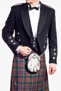 <b>Men's</b> <b>Black</b> Prince Charlie Jacket and Blue Tartan Plaid <b>Kilt</b> Set with Sporran for Formal Scottish Wear - Product Image 5