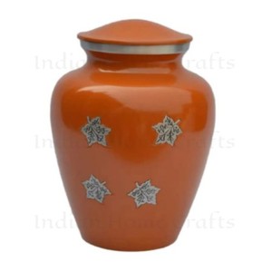 Brown Aluminum Cremation Urn Metal <b>Ashes</b> <b>Keepsake</b> with Silver Lid and Floral Decor Indian Home Crafts Durable 220 Cubic Inch - Product Image 4