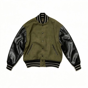 Veste de baseball en laine pour homme, couleur olive, manches noires, veste de varsity personnalisée en laine avec manches en cuir véritable - Product Image 1