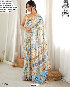 Charita Women's Purple Chinon Saree With Digital Print And Mirror Cut Work <b>Blouse</b> For Party Wear S5235 - Product Image 5