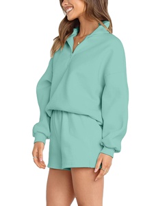 Ensemble 2 pièces pour femme en coton écologique, maille et dentelle, coupe oversize, couleur unie, respirant, pour yoga, avec short et sweat-shirt à taille élastique, séchage rapide - Product Image 5