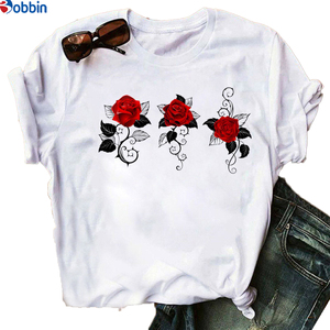 Camiseta estampada de manga corta para mujer, top gráfico de talla grande, camiseta con estampado de rosas y mariposas, holgada y transpirable - Product Image 3