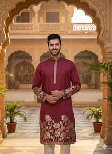 Conjunto de Kurta y Pijama de Seda Bordada de Primera Calidad para Hombre con Detalles en Lámina Dorada – Ropa Étnica para Bodas Reales - Product Image 3