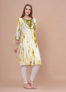 <b>Women</b> Yellow Tie Dye Printed Kurti with , 3/4 Sleeves Casual Ethnic Wear Straight <b>Kurta</b> for Daily Wear . - Product Image 6
