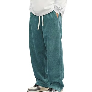 Men's Black Corduroy Wide Leg Pants <b>Elastic</b> Waist Drawstring Casual Loose Fit Straight Leg With Side Pockets Autumn Wear - Product Image 2