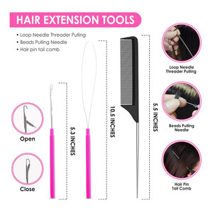 Kit d'outils professionnels pour extensions capillaires en acier inoxydable : Pince à micro-anneaux, Aiguille à crochet, Crochet de tirage, Peigne à queue, Micro-liens - Product Image 5