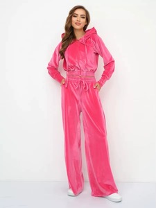 Ensemble de survêtement deux pièces en velours brodé pour femme, coupe ajustée, style streetwear, décontracté, pour l'entraînement et la détente, couleur unie - Product Image 4