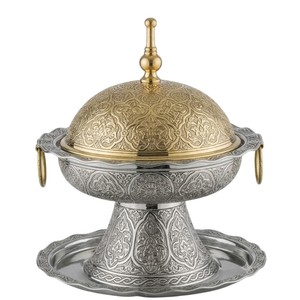 Handcrafted Metal Date Bowl With <b>Lid</b> And Pedestal Stand Traditional Arabic Khajoor <b>Pot</b> For Ramadan Iftar Home Table Decor - Product Image 1