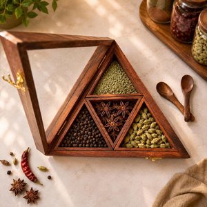 Caja de especias triangular de madera con tapa de vidrio, organizador de hierbas hecho a mano para cocina, almacenamiento decorativo de masala, organizador de especias de madera - Product Image 6