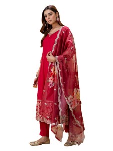 Châle en soie rouge brodé de fleurs pour femme, style traditionnel indien pakistanais, pour l'hiver, l'automne, le quotidien, le printemps, l'été, séchage rapide - Product Image 2
