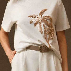 Chemisier élégant en coton imprimé, sans manches, motif floral, avec broderie fantaisie personnalisée de perles de rocaille, pour soirée MS - Product Image 2