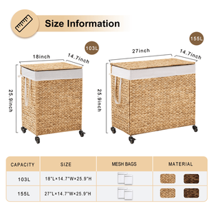 Cesto para Ropa Sucia de 160L, 3 Secciones, Tejido con Jacinto de Agua Natural, con Tapa y Ruedas, Diseño Rodante para Mayor Comodidad - Product Image 3