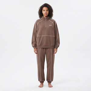 Women's 100% Polyester Half Zip Oversized Sweatshirt Solid Color <b>White</b> Piping <b>Jogger</b> Tracksuit Casual Sportswear Set - Product Image 1