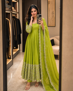 Mirror Work Chinnon Silk Gown Set Featuring <b>Sequin</b> Embroidery Latkan Dori Full Sleeve Design With Coordinated <b>Pant</b> Dupatta - Product Image 3