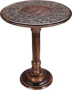 Mesa de Centro de Madera Tallada a Mano para Sala de Estar |   Mesa Auxiliar Redonda Antigua de Madera de Mango |   Mesa Auxiliar de un Solo Pilar para Dormitorio - Product Image 1