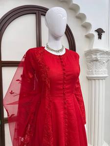 Women's Red Floor Length Traditional Dress With <b>Lace</b> <b>Sleeves</b> And Cape Loose Fit Wedding Attire India Pakistan Style - Product Image 4