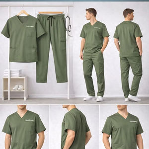 Conjunto de uniforme médico para hombre, blusa y pantalones elásticos con cuello en V y bolsillos, uniforme de enfermera verde oliva - Product Image 1