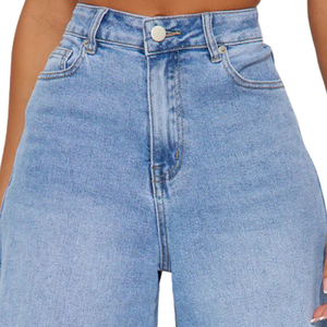 Jean en denim délavé léger pour femme, coupe large, taille haute, décontracté, ample, longueur complète, classique, cinq poches, bleu tendance - Product Image 3