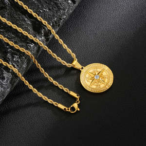 Men's <b>Compass</b> Pendant Necklace 925 Sterling Silver 14K Gold Plated Rope <b>Chain</b> Miami Cuban Style Coin Design Diamond Accents - Product Image 3