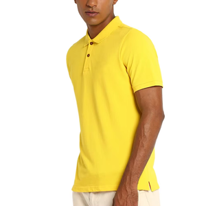 Polo à manches courtes jaune pour homme, couleur unie, tissu Oxford en coton, boutons, style décontracté, logo sur la manche gauche - Product Image 3
