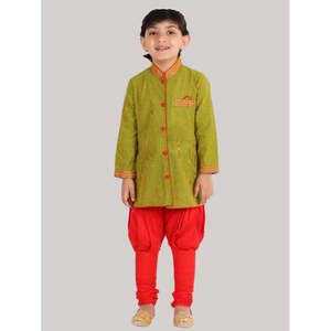 Boys Indian Traditional White and <b>Black</b> Kurta with <b>Pajama</b> <b>Set</b> All Over Printed Polyester Full Sleeves for Wedding Wear - Product Image 1