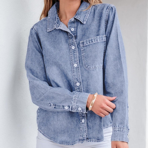 Camisa de mezclilla ligera vintage de invierno para mujer, de manga corta, con botones, solapa y cordones, corte regular, fina, informal, top corto. - Product Image 3