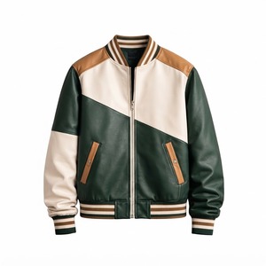 Veste universitaire en cuir PU vert, blanc et marron pour homme, col rabattu, fermeture éclair, décontractée, automne - Product Image 1