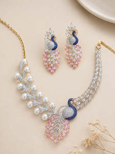 Wholesale Luxury Peacock Necklace Earrings <b>Set</b> Gold Plated Green CZ <b>Pearl</b> Bridal Statement <b>Jewelry</b> for Women - Product Image 3