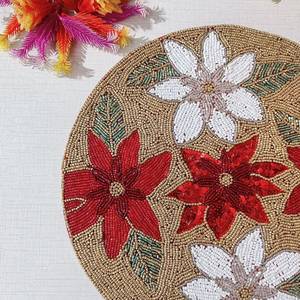 Floral Handmade Beaded Eco-Friendly Customizable Polyester/Cotton <b>Placemat</b> Festive <b>Gold</b> Red Green Dining Charger & Table Mat - Product Image 3