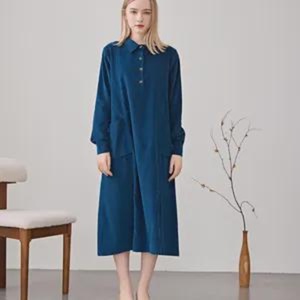 Robe en velours côtelé confortable à manches longues, tunique mi-longue faite à la main, ample, grande taille, pour l'hiver - Product Image 1