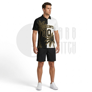 Polo de Hombre con Estampado de Palmeras en Blanco y Negro, Manga Corta, Casual, Transpirable, de Poliéster Tejido, con Diseño de Logotipo Frontal - Product Image 6