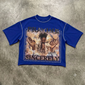 T-shirt graphique surdimensionné personnalisé pour hommes et femmes, vintage, délavé, 100% coton, streetwear, strass, perles, effet vieilli, 300g, tendance - Product Image 5