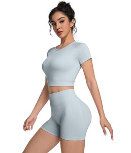 <b>Womens</b> Workout Sets 2 Piece Solid Summer Casual Outfits Scrunch Butt Shorts Crew Neck T-shirt Matching Set For Gym Running Yoga - Product Image 1