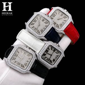 Reloj de Moissanita Personalizado con Bisel Cuadrado, Números Romanos, Esfera con Incrustaciones, Correa de Cuero, Totalmente Cubierto de Diamantes, Reloj de Pulsera de Lujo para Hombre - Product Image 1
