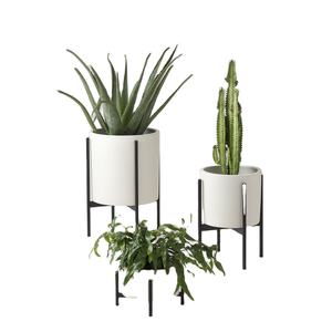 Jardinière de style artisanal, aspect blanc, avec support en métal noir, pour la décoration moderne de la maison, du bureau, du balcon et de l'hôtel - Product Image 1