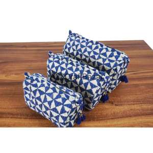 Pochette cosmétique indienne matelassée en coton biologique, faite à la main, avec fermeture éclair à pompon, écologique, durable, style vintage, multicolore - Product Image 3