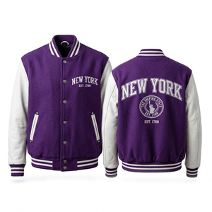 NewYork <b>Varsity</b> <b>Jacket</b> <b>Purple</b> Wool Blend Men's Preppy Style Embroidered Letterman Bomber Autumn Wear - Product Image 1