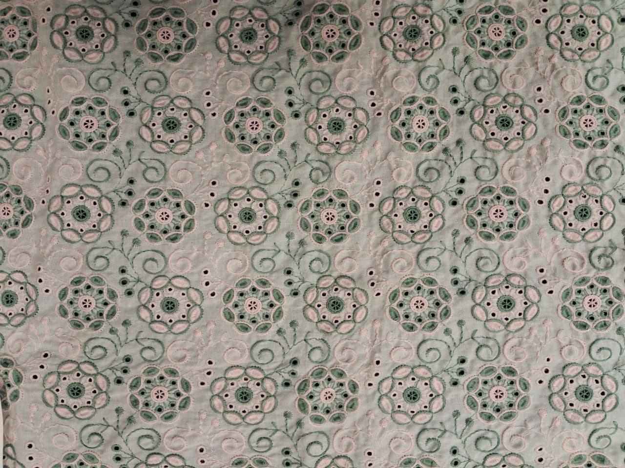 Mint green and Blush pink embroidery on white base fabric