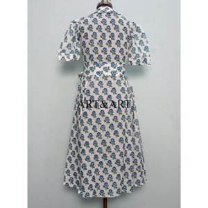 Vestido Midi Transpirable de Algodón 100% Ecológico para Mujer, Estampado Digital Floral, Cuello en V, Manga Corta, Botones, Casual, Dulce y Natural - Product Image 6