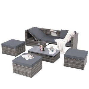 Set di Mobili da Esterno in Vimini PE con Tavolino Sollevabile, 5 Pezzi in Legno di Teak - Product Image 1