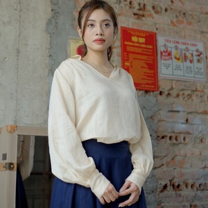 Elegant Formal Style <b>Blouses</b> Women Loose Fit Woven Ramie Rayon Cotton Linen Breathable Plaid Print Logo Detail Plain Dyed Sheer - Product Image 5