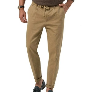 Pantalon décontracté en coton Oxford bleu clair pour homme, taille élastique avec cordon de serrage, devant plat, poches latérales, respirant, idéal pour l'été - Product Image 5