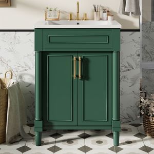 Mobile Bagno da 24 Pollici con Lavabo Singolo Integrato in Ceramica, Armadietto Bagno a 2 Ante, Dimensioni Piccole e Medie - Product Image 1