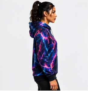 Sudadera con Capucha para Mujer, Estampado de Rayos por Sublimación, Azul y Rosa, Tejido de Poliéster, Prenda Otoñal Transpirable, Puños Acanalados Negros Sólidos - Product Image 2