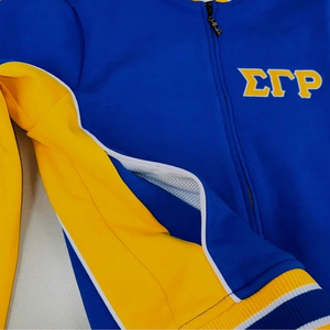 Chaqueta Deportiva SGRho Azul Real con Detalles Dorados, Chaqueta de Entrenamiento con Cierre Completo, Ligera, para Deportes Universitarios y Sororidades - Product Image 3